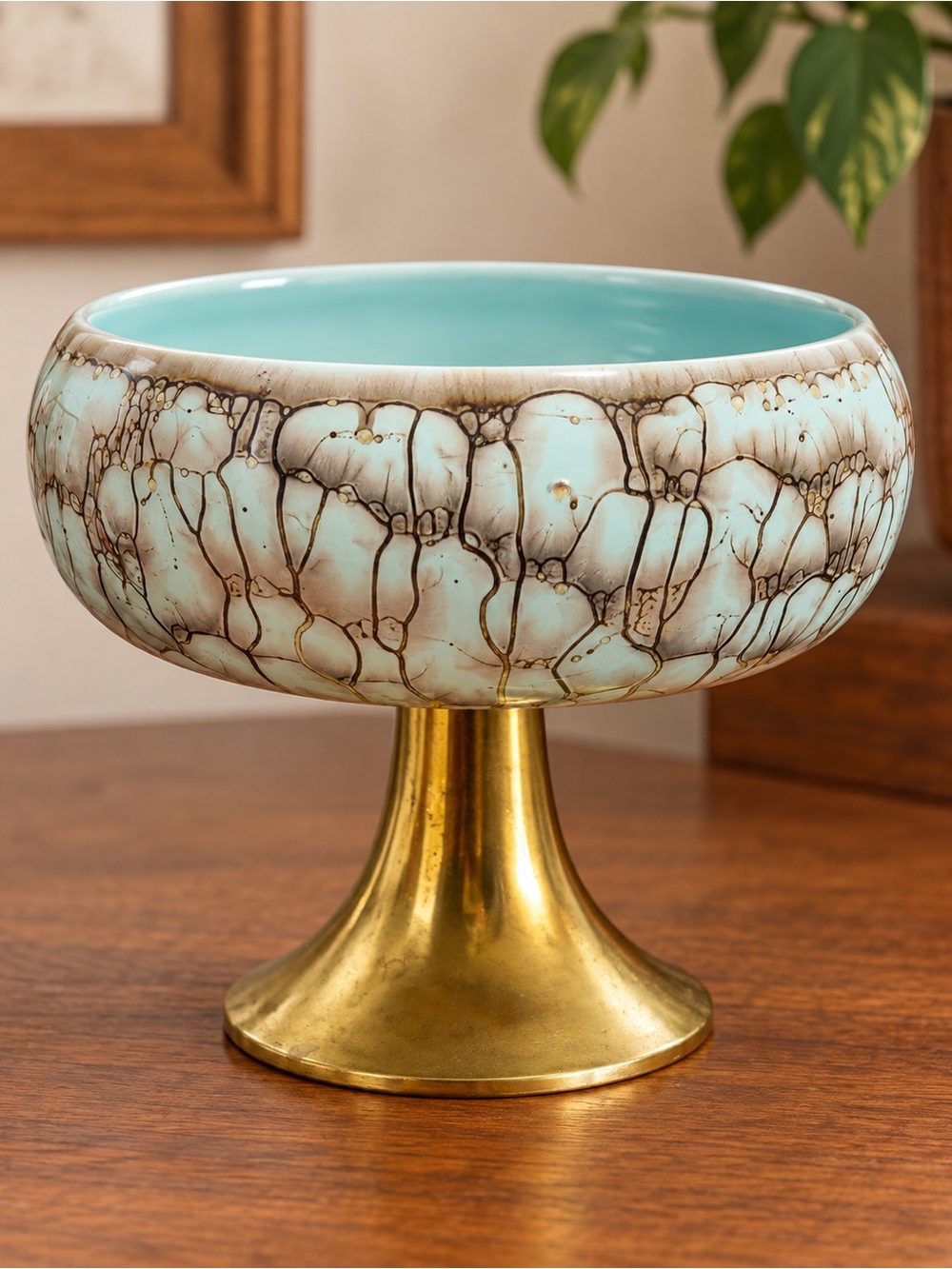 Vintage Holland Delftware Pedestal Compote Bowl –Turquoise Drip Glaze
